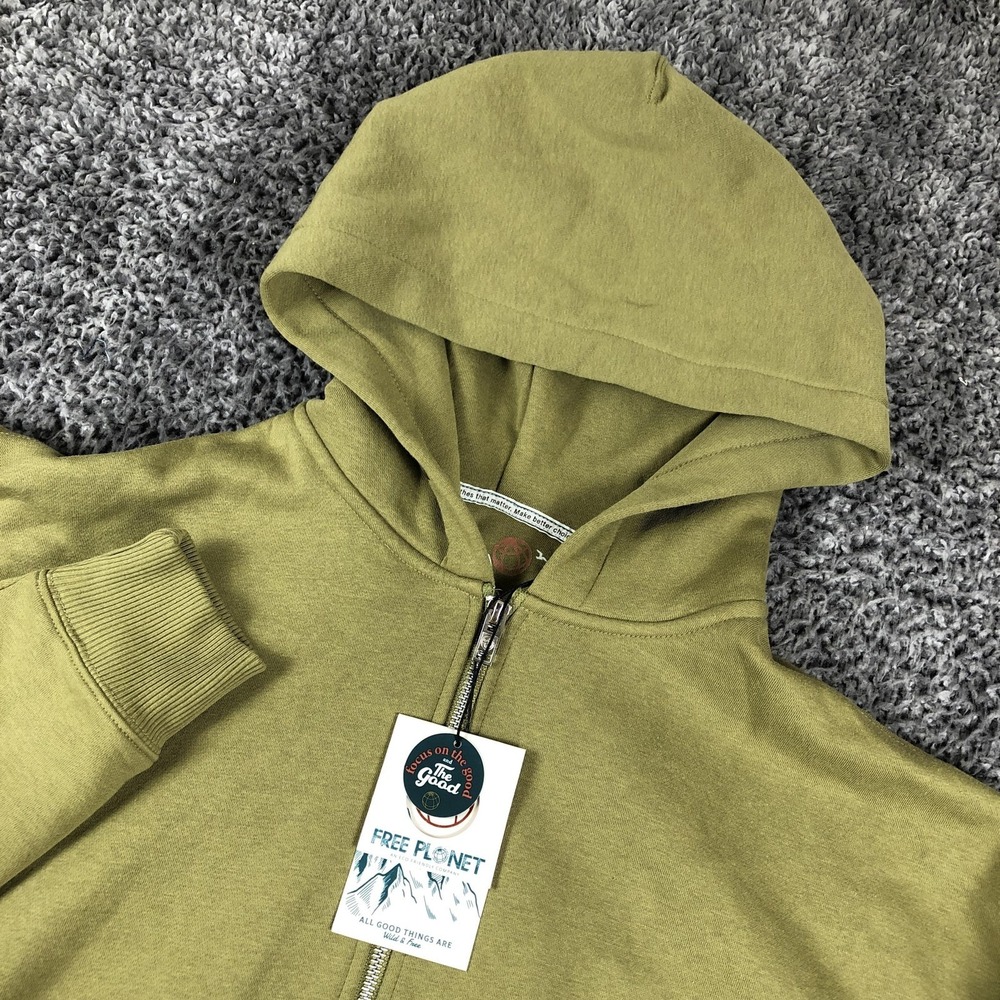 Free Planet Hoodie Mens Large Green Fleece Full Zip Kangaroo Pockets Sweatshirt